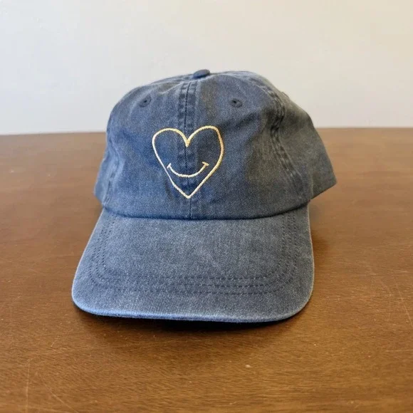 Cinq à Sept Embroidered Denim Hat Blue Womens One Size Heart Smiley Face Dad Cap - Picture 4 of 5